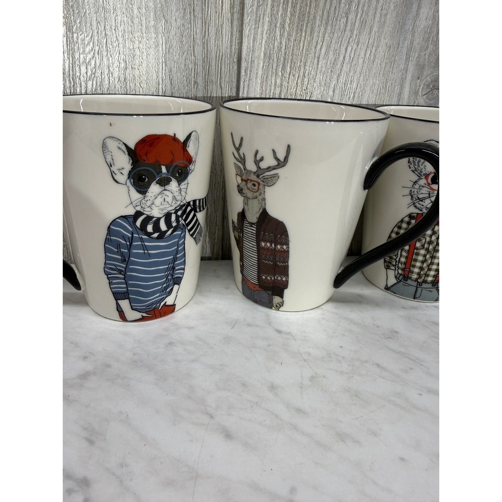 Hipster Animal Coffee Mug Set of 4 French Bulldog Deer Mouse Bear Ceramic 12oz - Picture 3 of 8